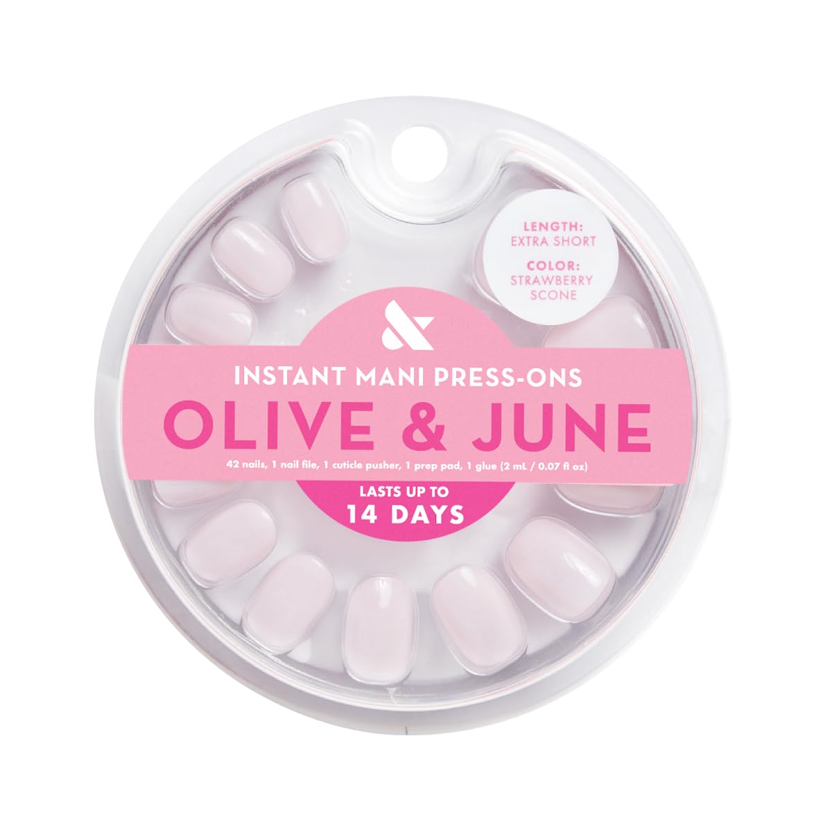 Olive & June strawberry scone nails arranged in rows to show color and inclusive sizing