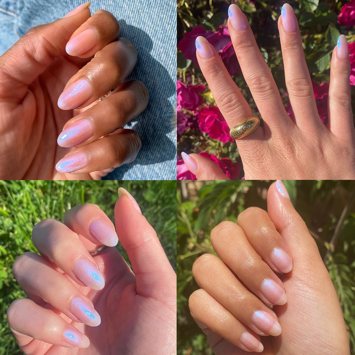 Olive & June swatch on nail wheel showing Pink Goldfish iridescent payoff benefit