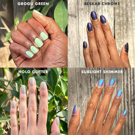 Olive & June swatches on forearm showing true shade payoff and streak-free finish