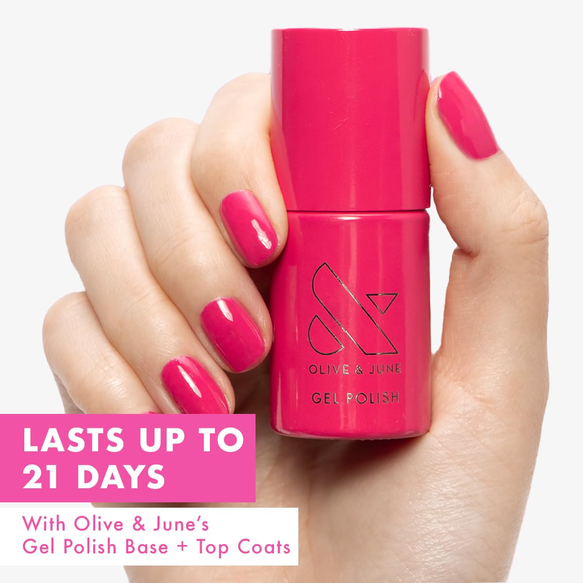 Olive & June brush stroke of XOXO Hot Pink showing smooth, opaque application