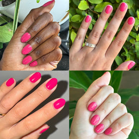 Olive & June cured nails in XOXO Hot Pink showing glossy, salon-like finish