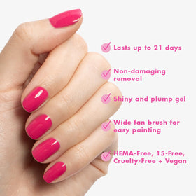 Olive & June pedicure in progress with XOXO Hot Pink delivering durable color