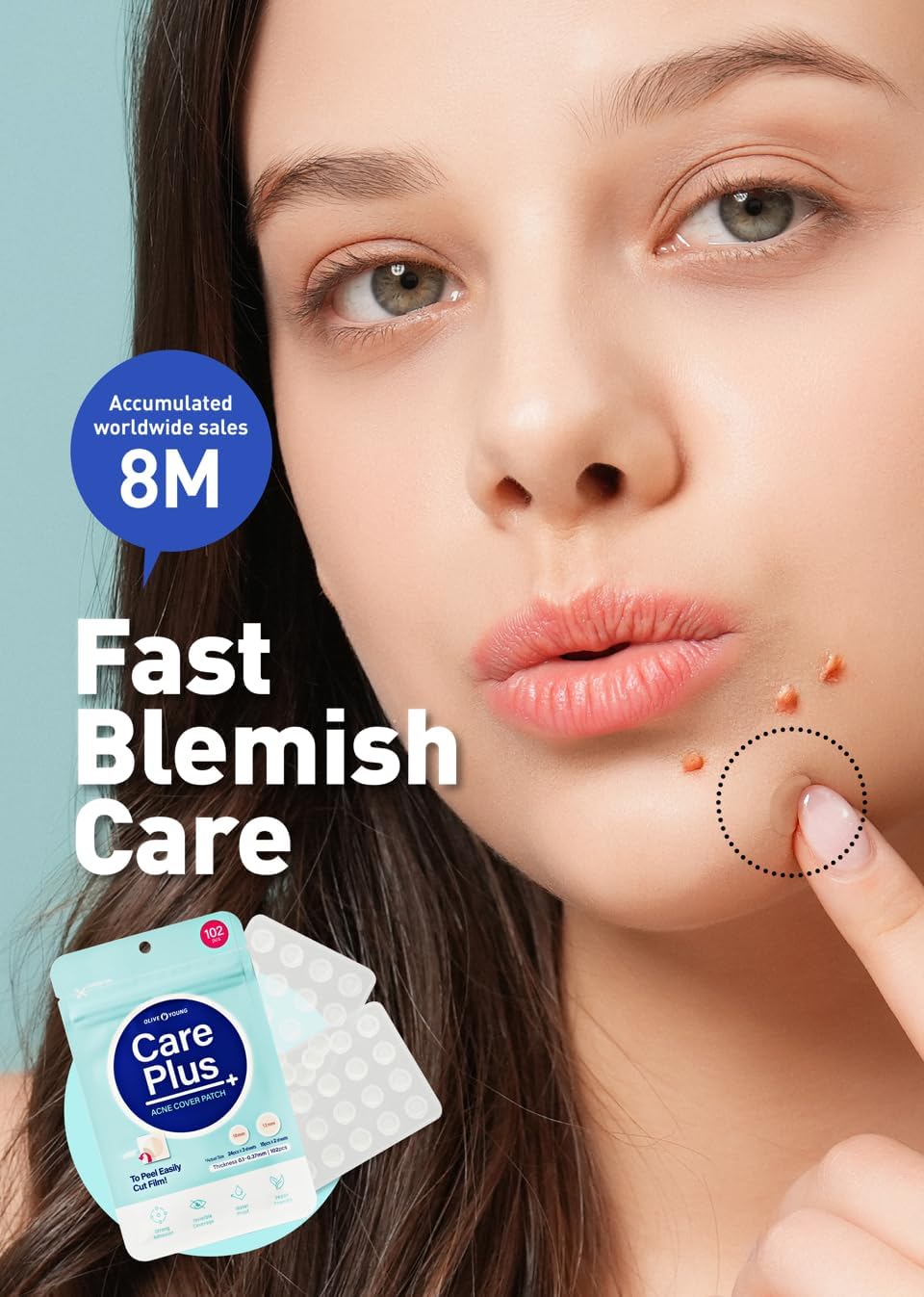 OLIVE YOUNG label and count detail emphasizing 102 hydrocolloid stickers