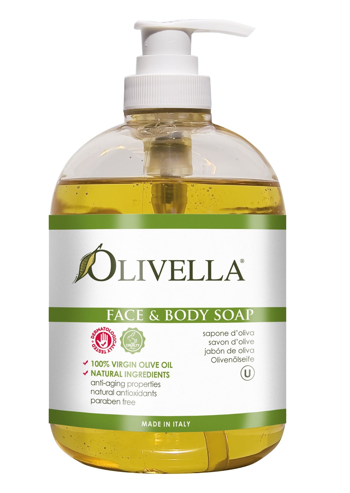 Olivella pump bottle front view showing label and 16.9 fl oz size, gentle cleansing
