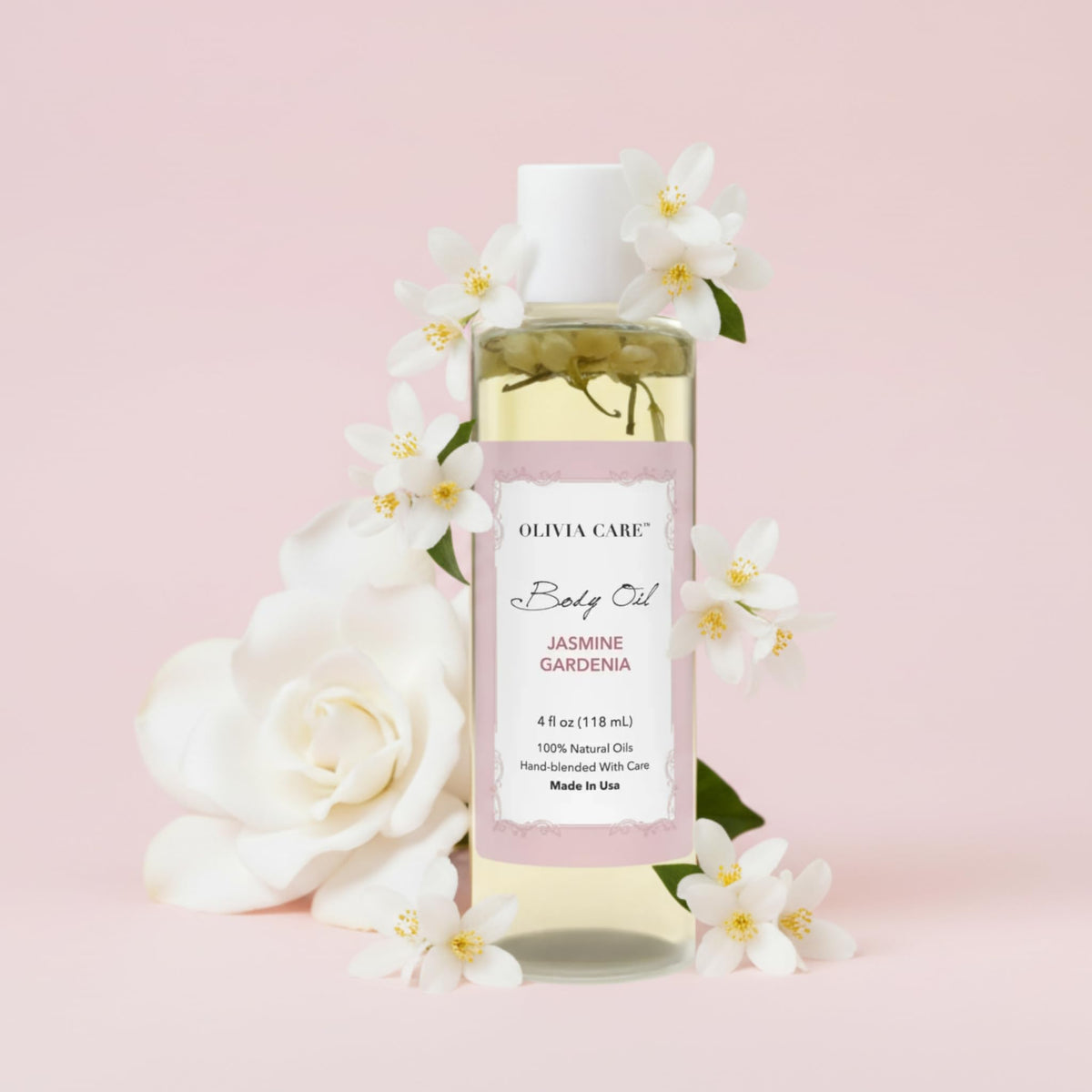 Olivia Care label close-up highlighting vegan ingredients and clean formulation benefits