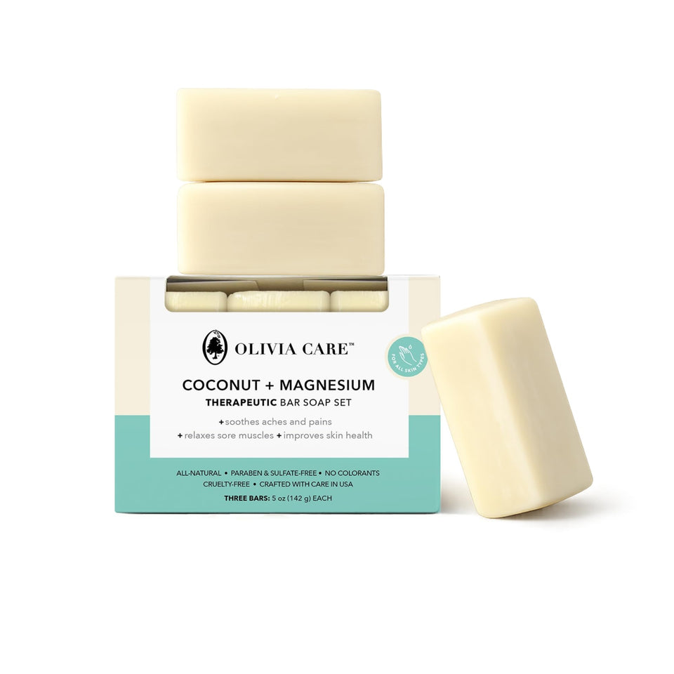 Olivia Care front packaging showing coconut-magnesium soap and eco-friendly box