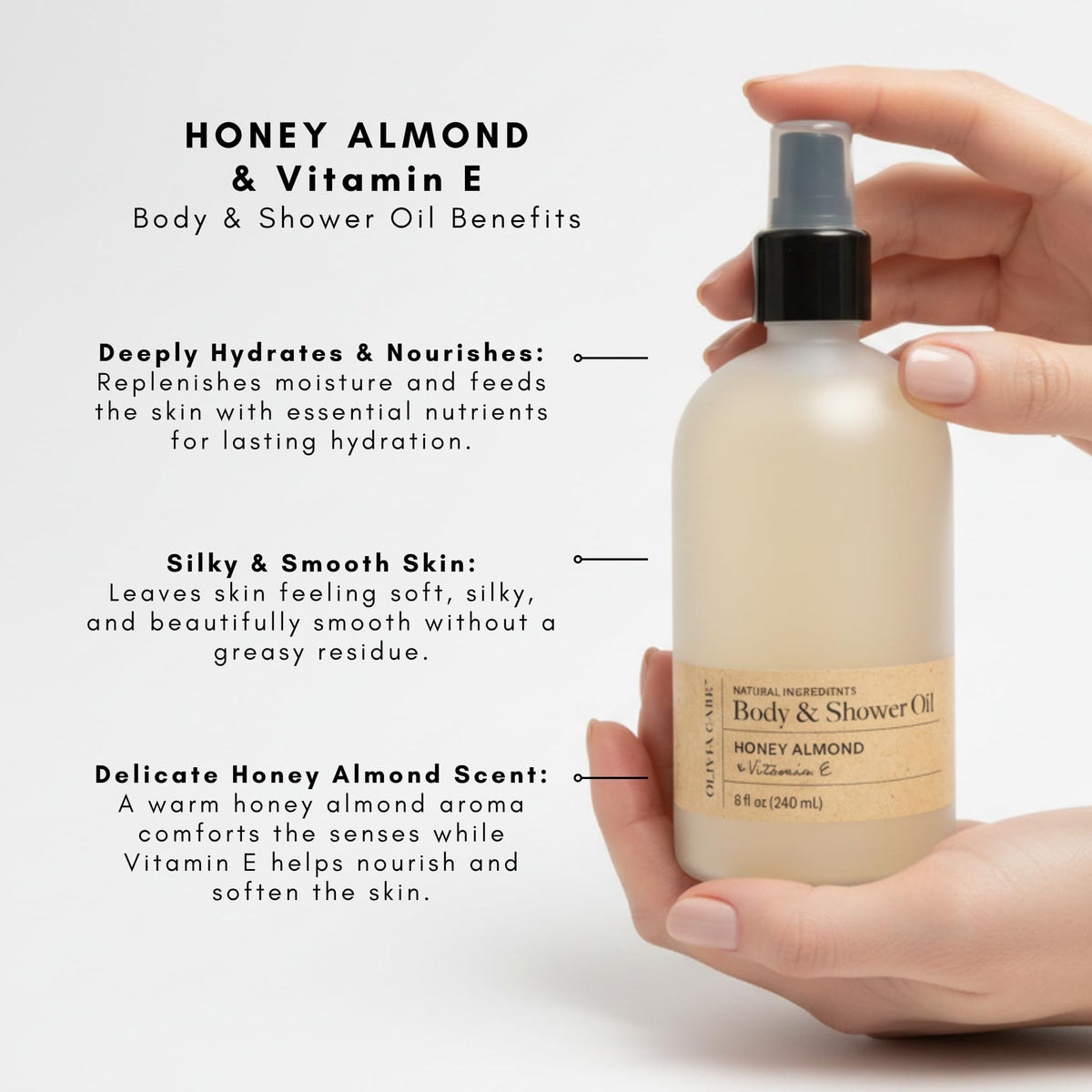 Olivia Care oil in shower demonstrating convenient in-shower hydration