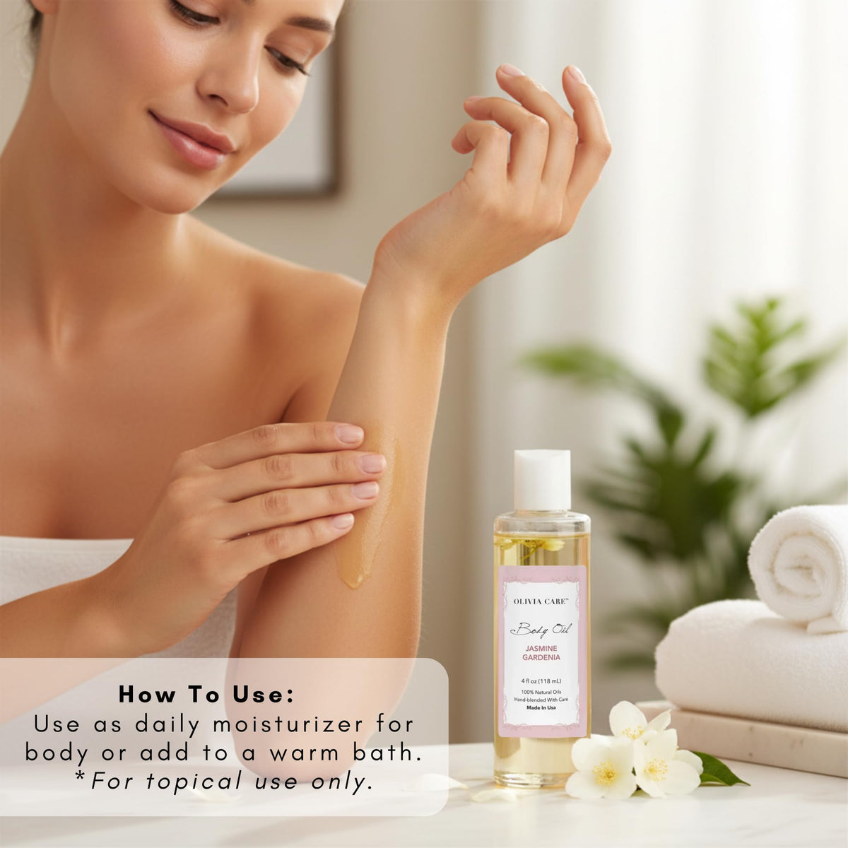 Olivia Care ingredient display with vitamin E and K bottles emphasizing nourishment
