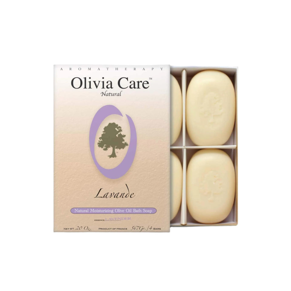 Olivia Care box front showing four lavender soap bars and packaging benefits