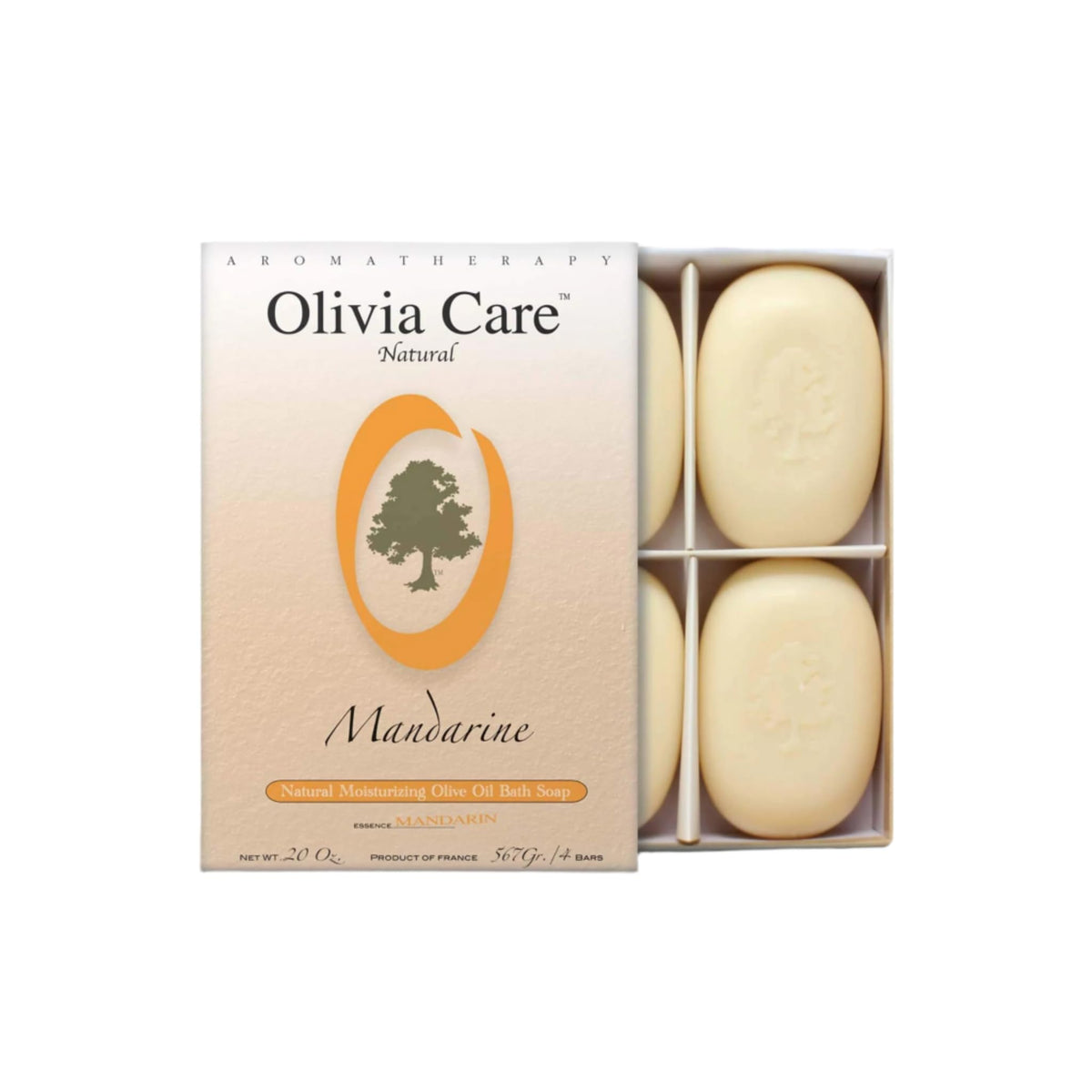 Olivia Care front packaging showing four mandarin soap bars and gift box, appealing presentation