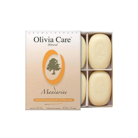 Olivia Care front packaging showing four mandarin soap bars and gift box, appealing presentation