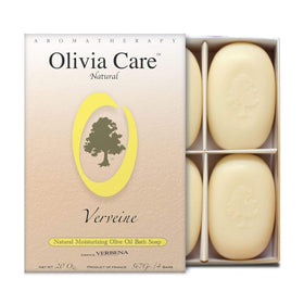 Olivia Care gift box front view showing four verbena soap bars and neat packaging