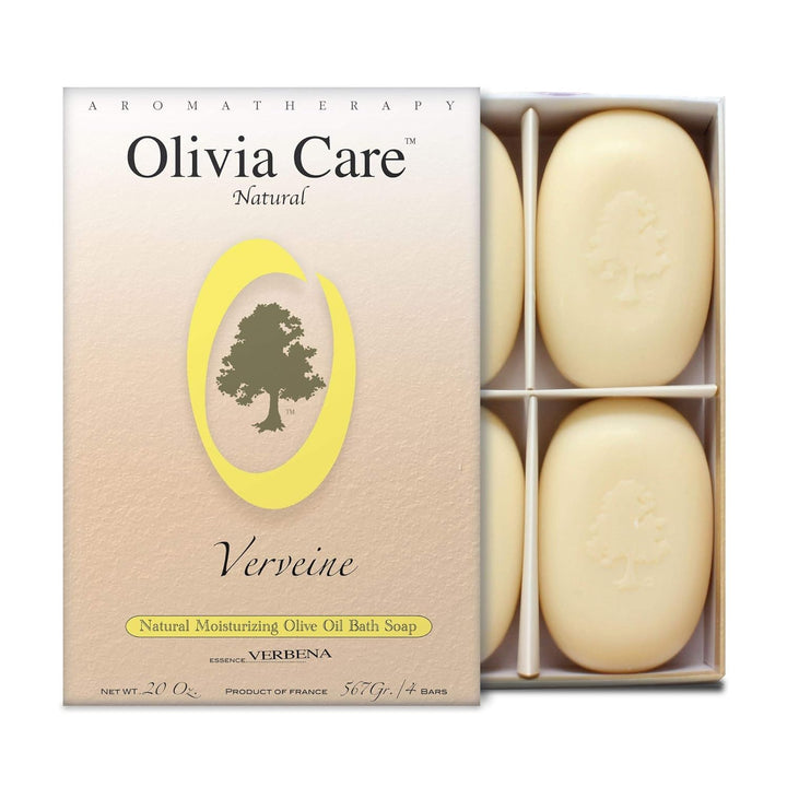 Olivia Care gift box front view showing four verbena soap bars and neat packaging