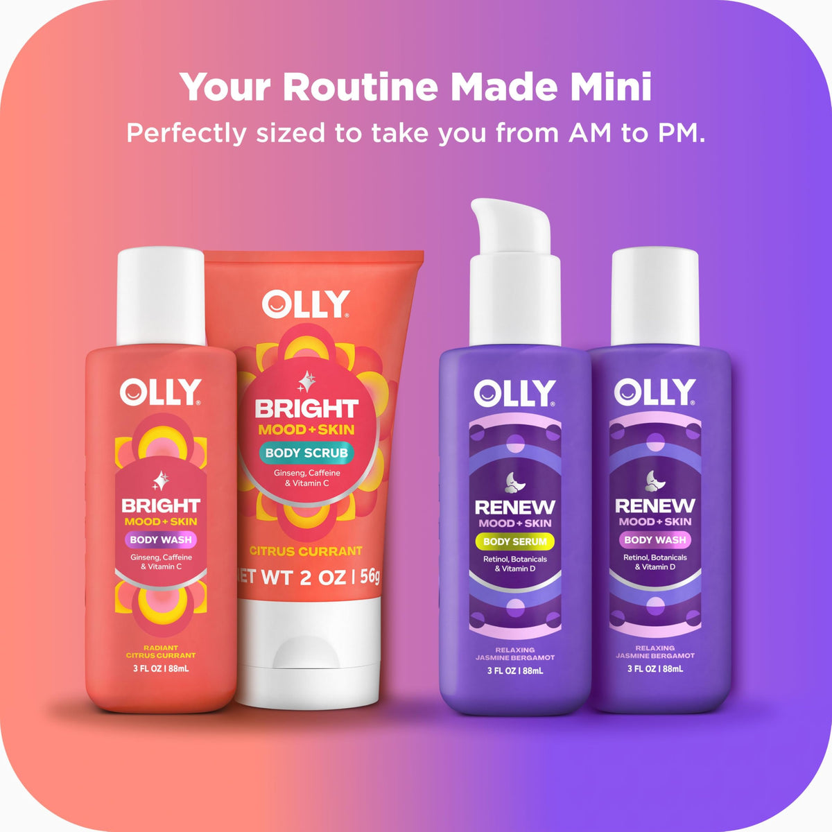 OLLY Bright body wash pumped into palm for energizing morning cleanse benefit