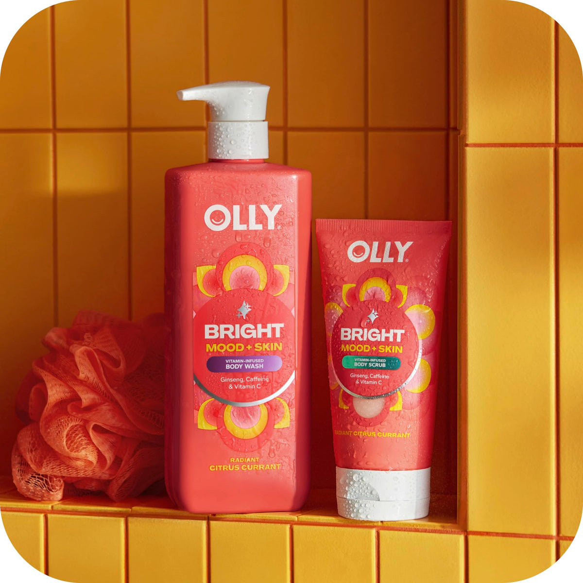 OLLY being applied in shower for an uplifting, mood-boosting routine