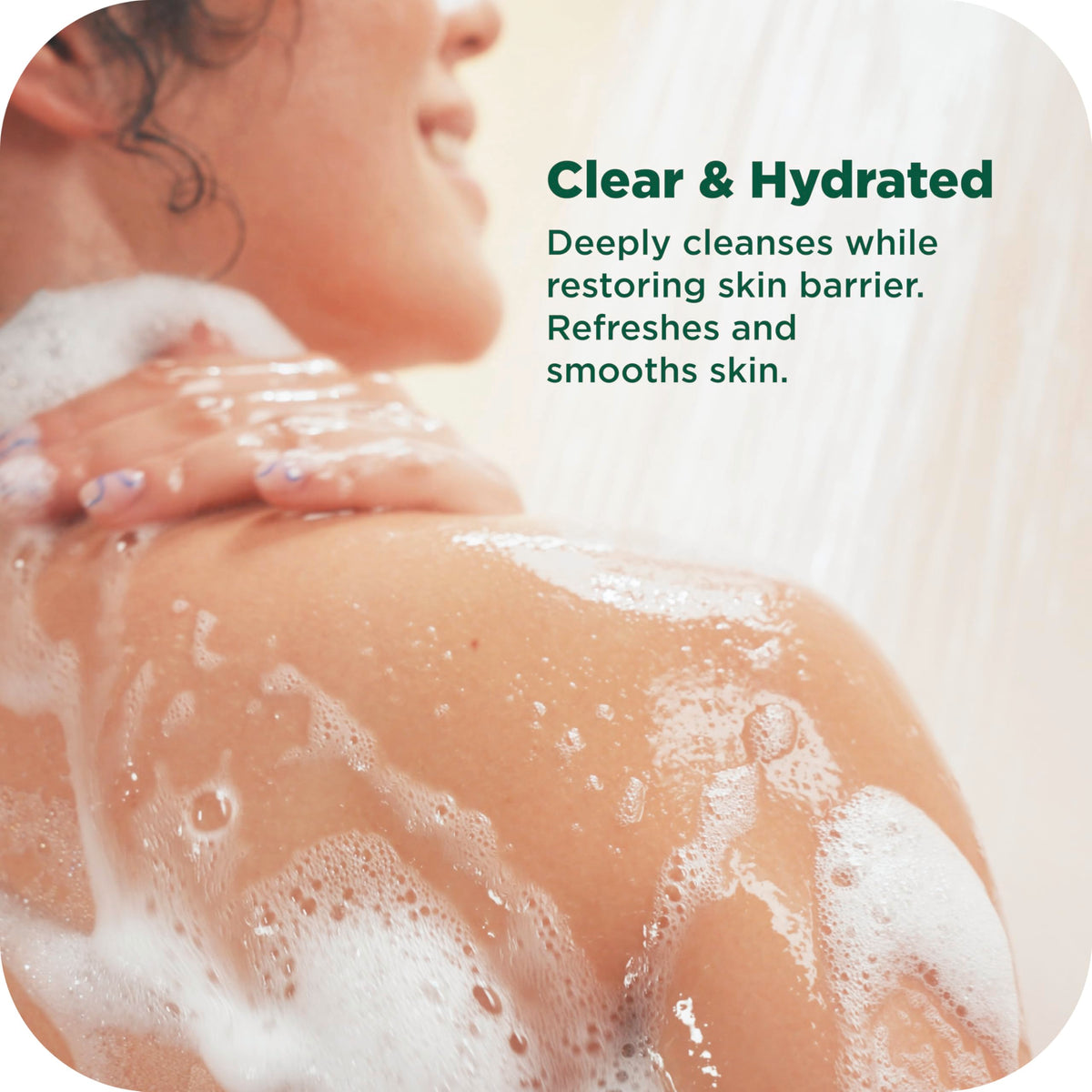 OLLY CLEAR in shower scene illustrating mood-lifting Crisp Vetiver Pear scent