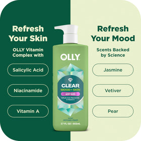 OLLY CLEAR ingredient focus with salicylic acid and niacinamide for smoother skin
