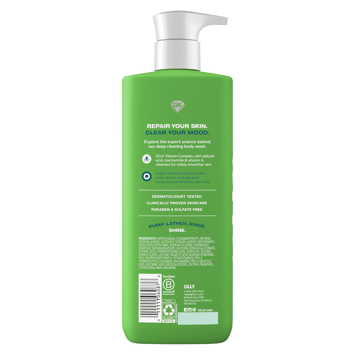 OLLY CLEAR gel texture close-up highlighting smooth lather and hydration benefit