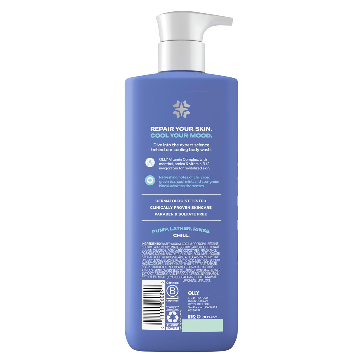 OLLY close-up pump dispensing COOL wash for easy, controlled application benefit
