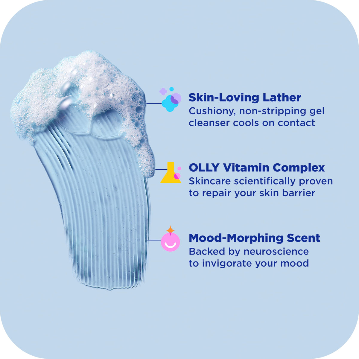 OLLY gel lather texture on hand showing gentle cleansing and nourishing foam benefit