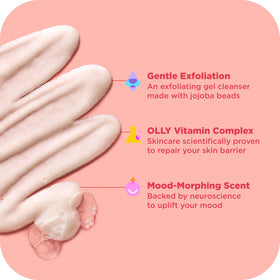 OLLY texture close-up with jojoba beads showing gentle exfoliation benefit