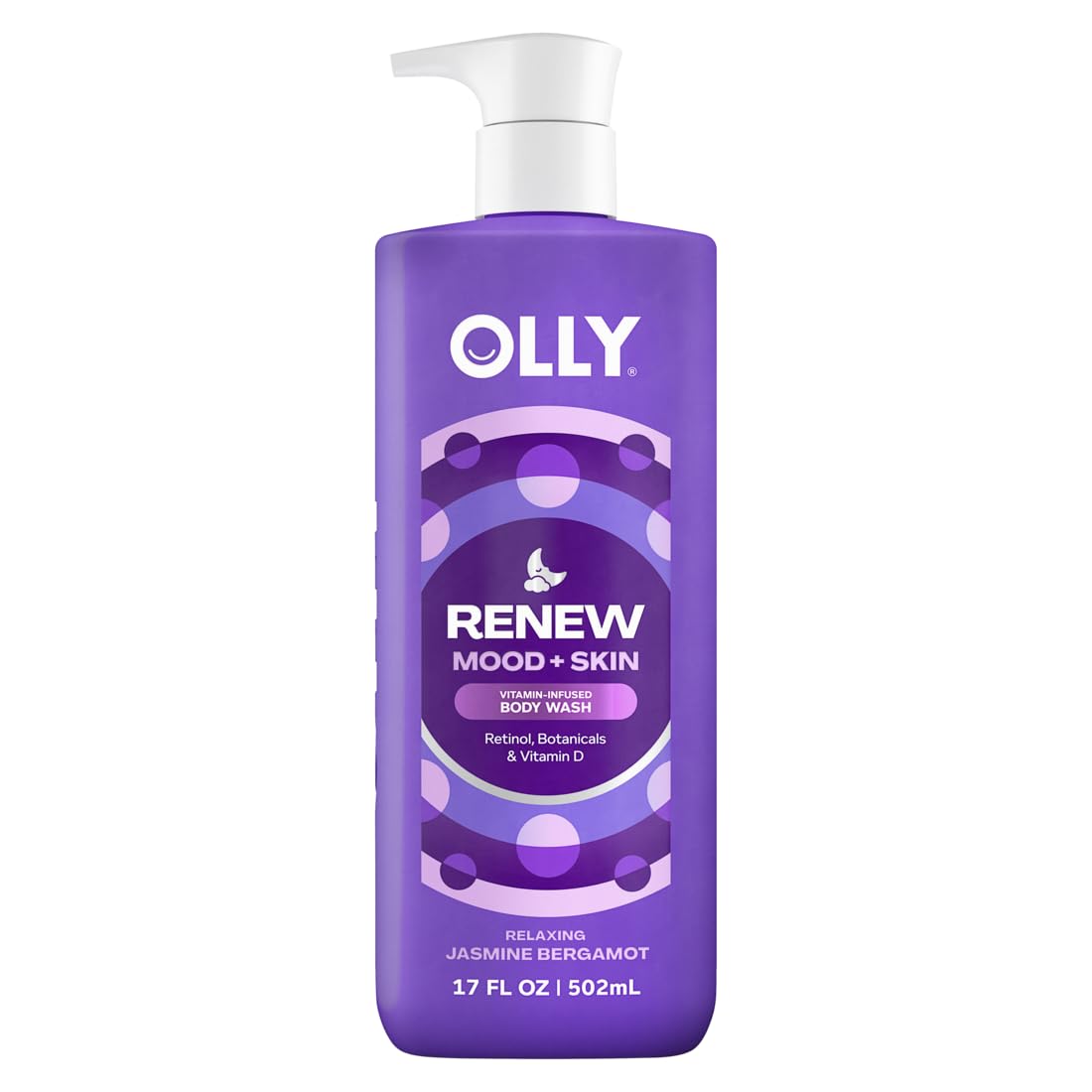 OLLY Renew body wash front bottle shows product and calming scent benefit