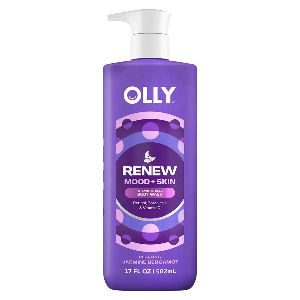OLLY Renew body wash front bottle shows product and calming scent benefit