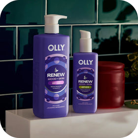 OLLY Renew in-shower use demonstrates gentle cleanse and relaxing routine benefit