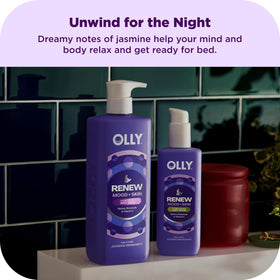 OLLY Renew body wash label detail highlighting retinol and vitamin D benefits
