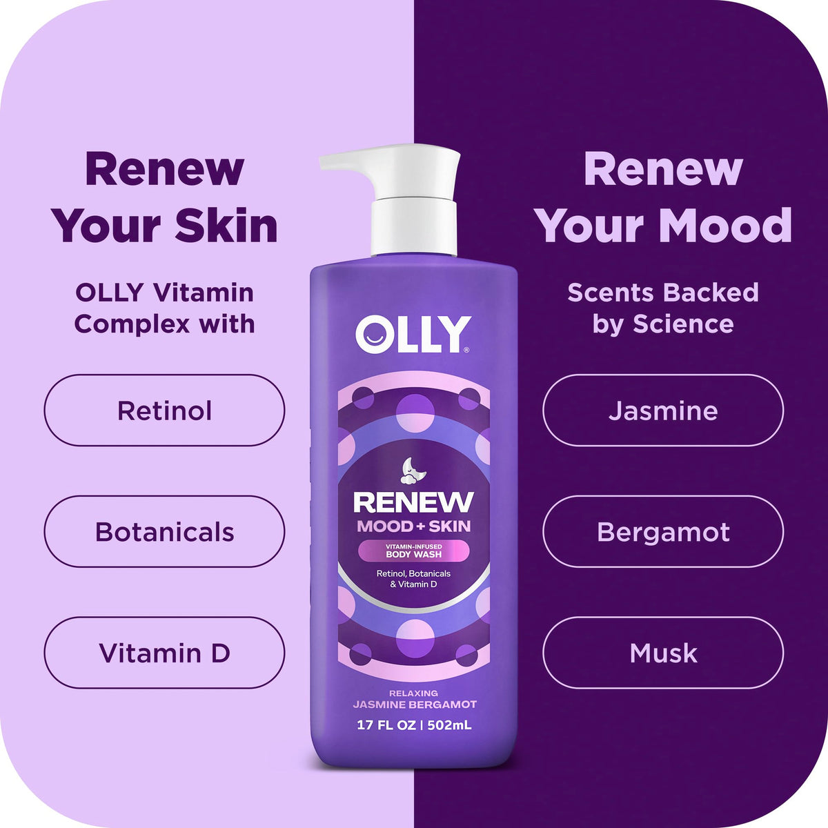 OLLY Renew creamy lather texture illustrates nourishing hydration benefit