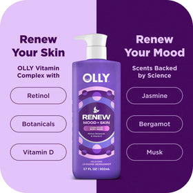 OLLY Renew creamy lather texture illustrates nourishing hydration benefit