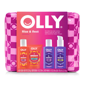 OLLY front packaging of Rest & Rise set showing all four products and benefits