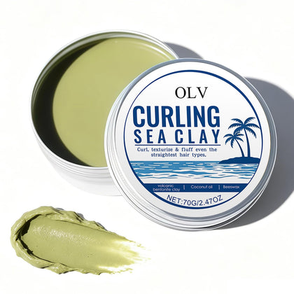 OLV Curling Sea Clay jar front view showing clean matte packaging and benefit of strong hold