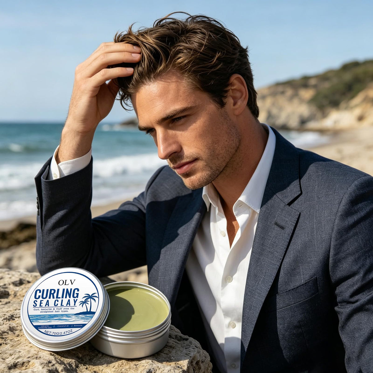 OLV Curling Sea Clay ingredients label close-up showing clean formula and rinseable benefit