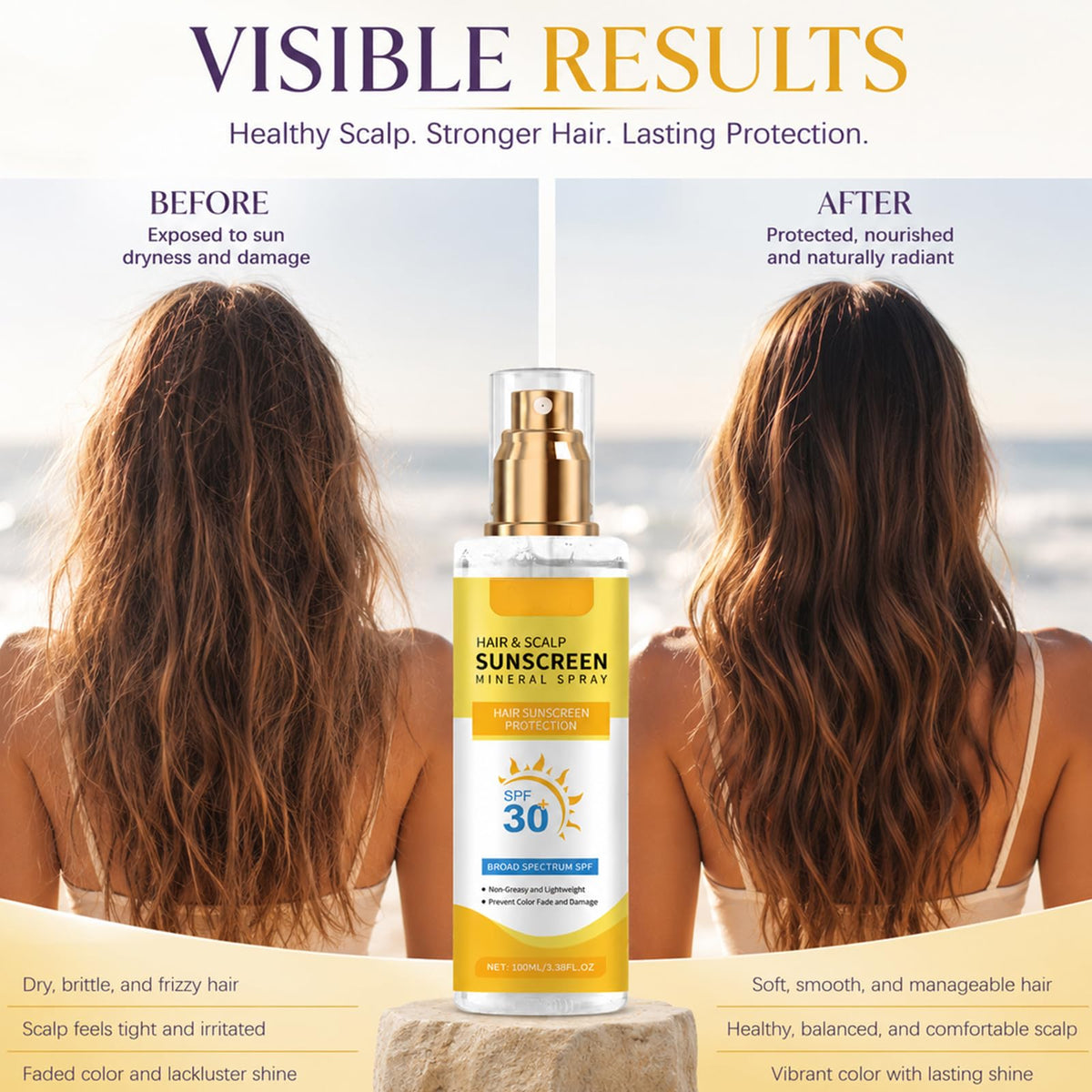 Omexry spray applied along hair part line protecting exposed scalp