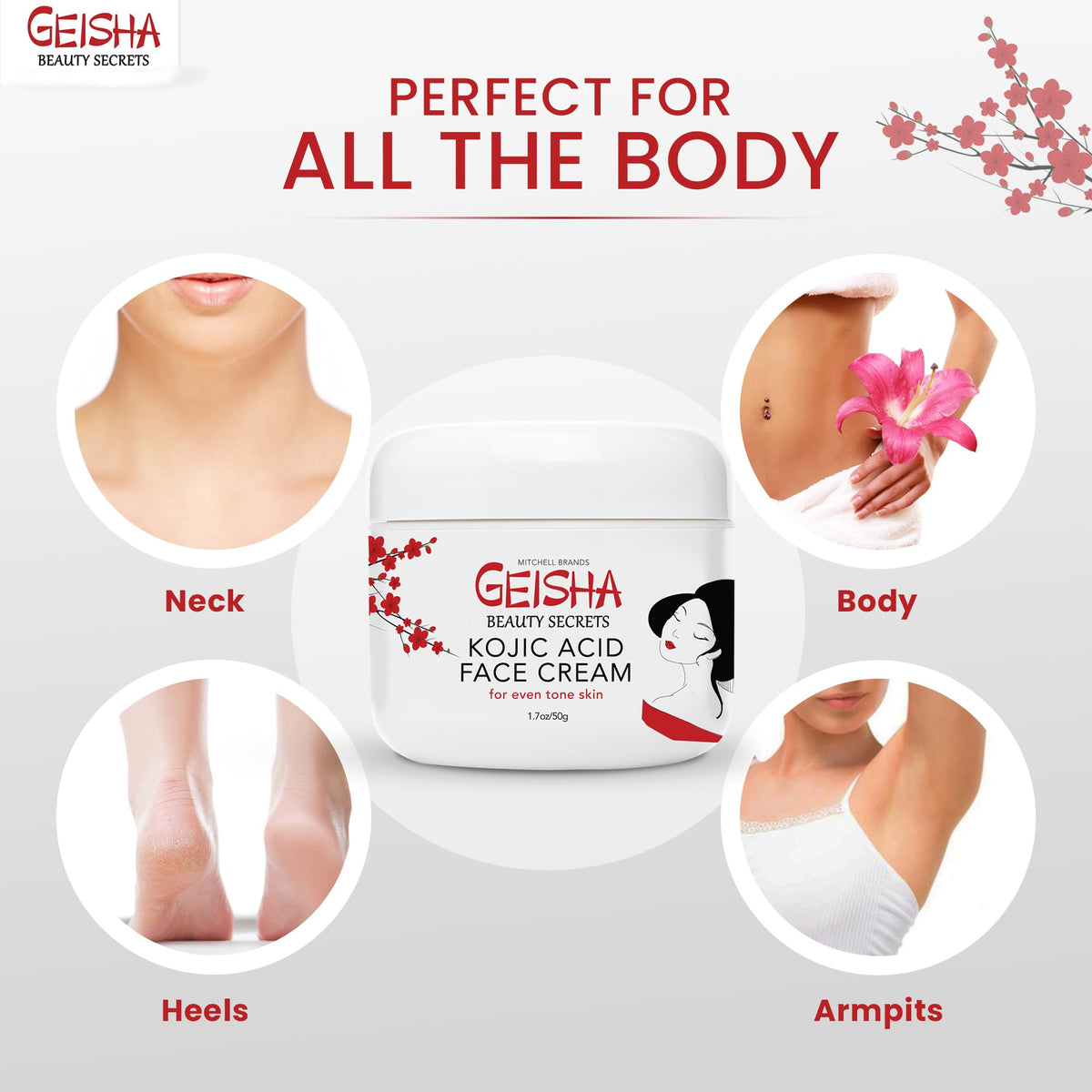 OMIC Geisha ingredient label highlighting kojic and glycolic acids benefit