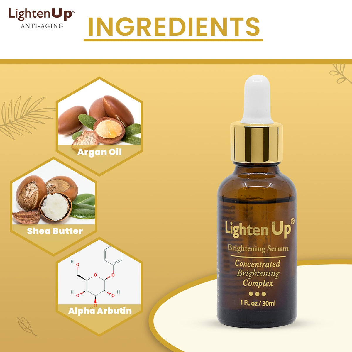 OMIC Lighten-Up 30ml bottle next to a coin for scale, shows travel-friendly size