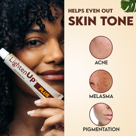 Label close-up of OMIC Lighten-Up Plus showing directions and key ingredient callouts