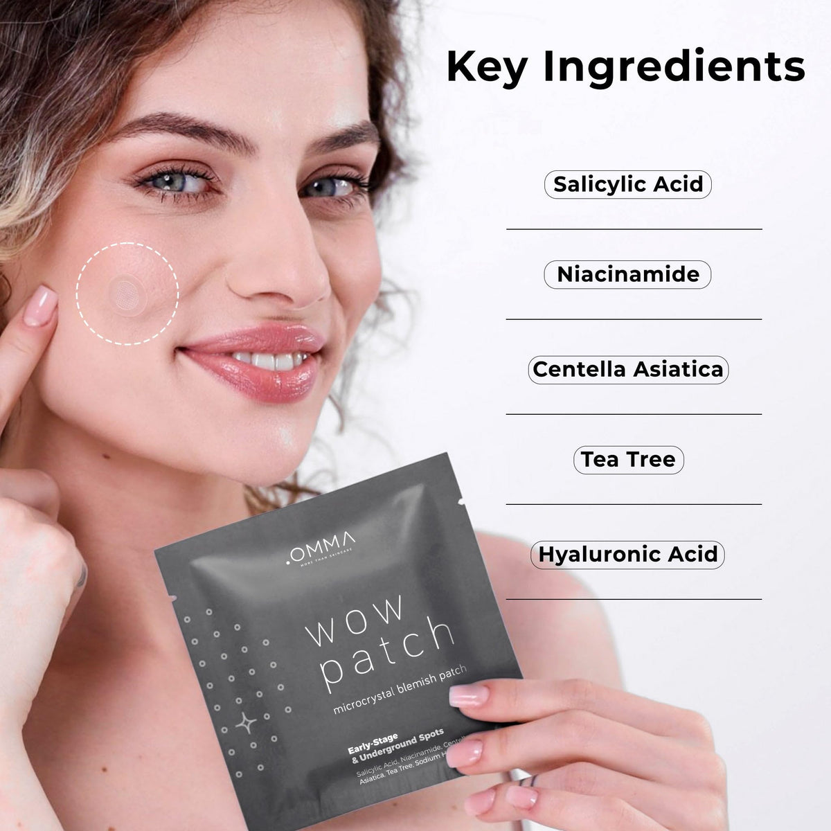 OMMA patch applied on cheek, demonstrates secure adhesion and protection benefit