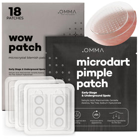 OMMA front packaging showing microdart acne patch box and count, boosts easy identification