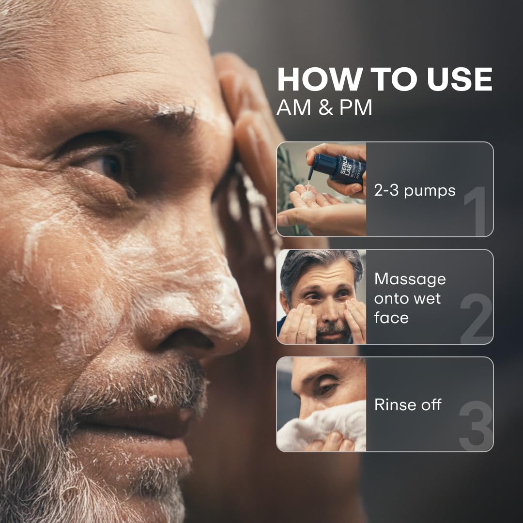 Omnis Uomo cleanser on bathroom shelf suggesting daily grooming routine