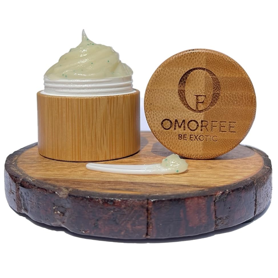 OMORFEE open tin displaying creamy scrub texture for easy application