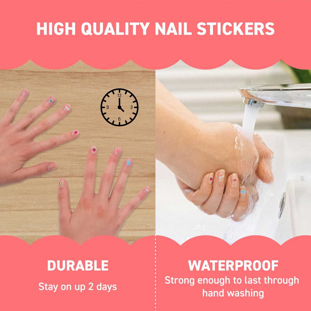 Omy applying a sticker to a child's nail, demonstrating easy peel-and-stick benefit