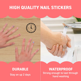Omy applying a sticker to a child's nail, demonstrating easy peel-and-stick benefit
