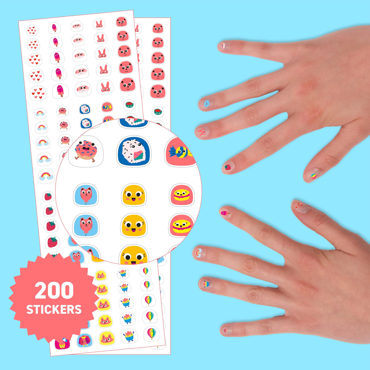 Omy sticker sheet close-up displaying fine kawaii details and bright colors