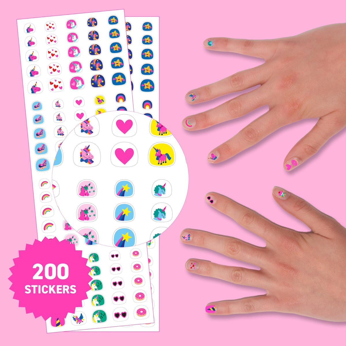 Omy sticker spread displaying assorted unicorns and shapes for creative variety
