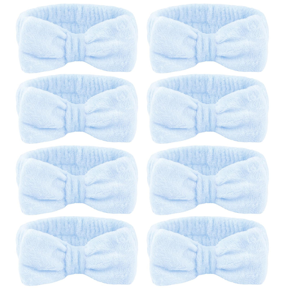 Ondder front view of eight blue spa headbands showing set convenience