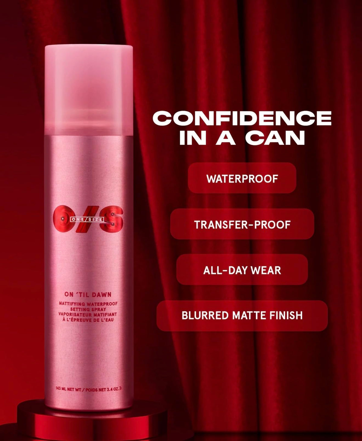 Label detail of One Size On 'Til Dawn highlighting ingredients and clarity benefit