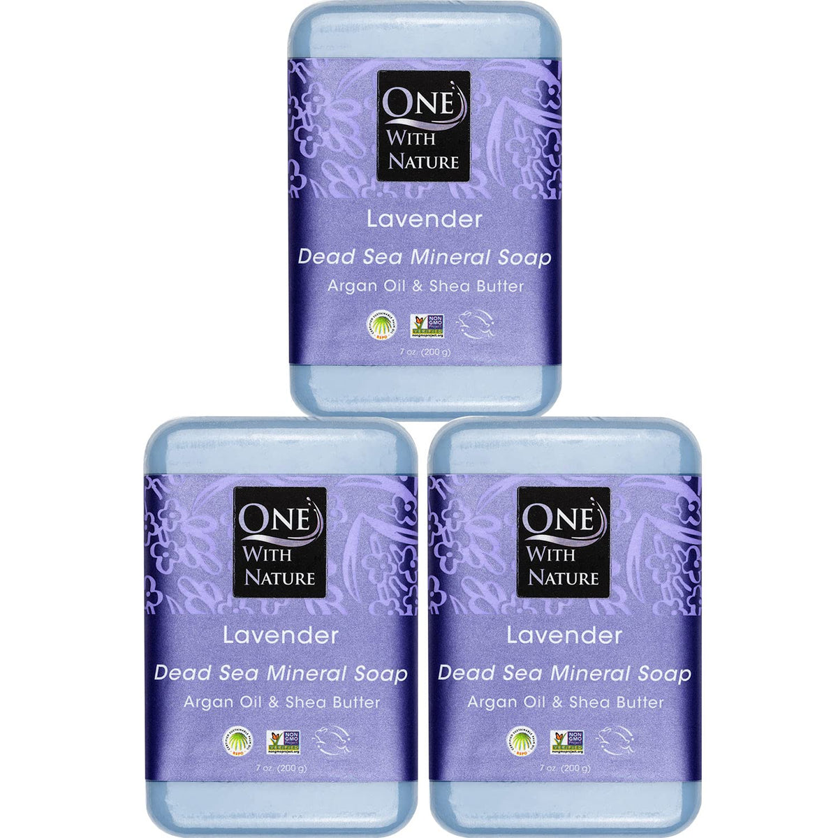 one with nature front packaging showing soap trio and eco-friendly box for easy selection