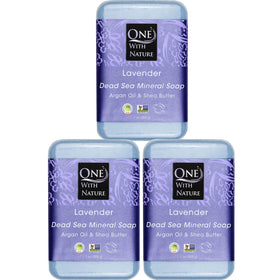 one with nature front packaging showing soap trio and eco-friendly box for easy selection